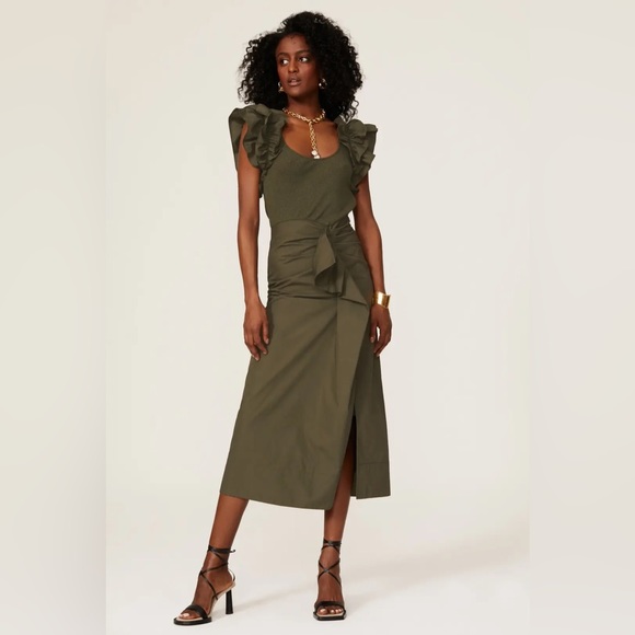 Ulla Johnson Isabella Combo Ruffle Midi Dress Olive Army Green Size P Small - Picture 9 of 11